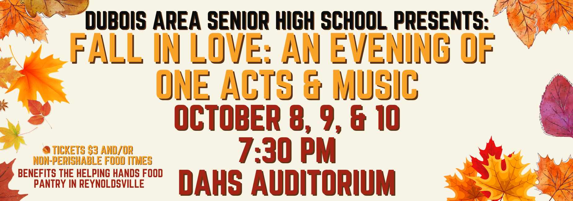 Fall in Love event announcement with autumn leaves and details on performance dates.