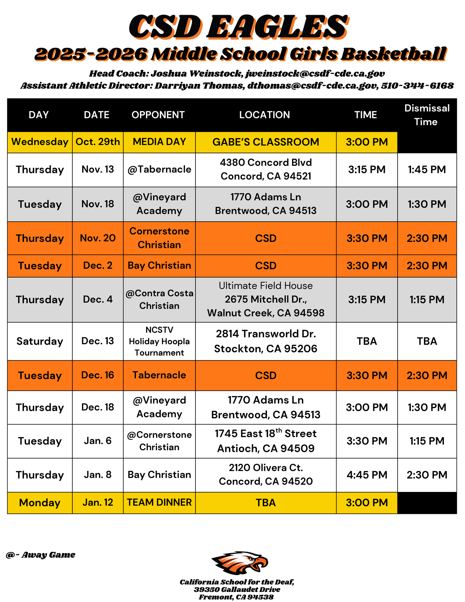 Middle School Girls Basketball Schedule - click on image for readable schedule