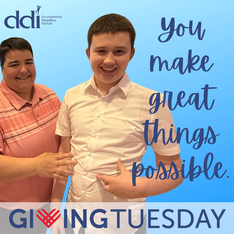 Two people smiling; DDI blue logo; Giving Tuesday; You make great things possible