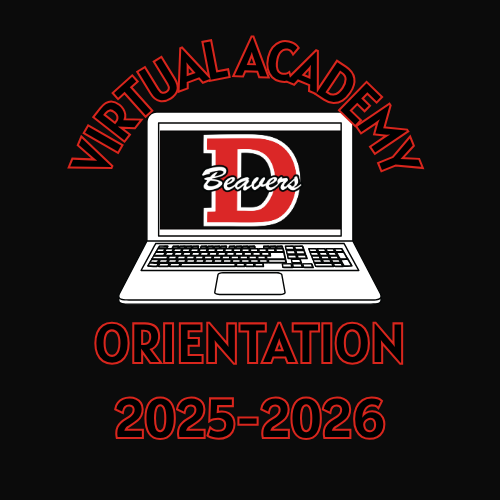 Virtual Academy Orientation 2025 2026 with a picture of a laptop with the DuBois Beavers Logo.