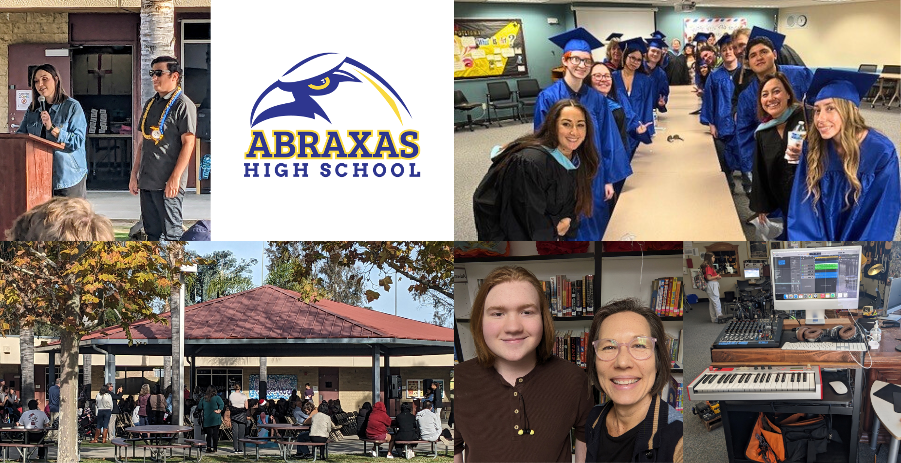 Photos of Adult Transition and diploma Graduations, music recording equipment, and a staff and student in the library.