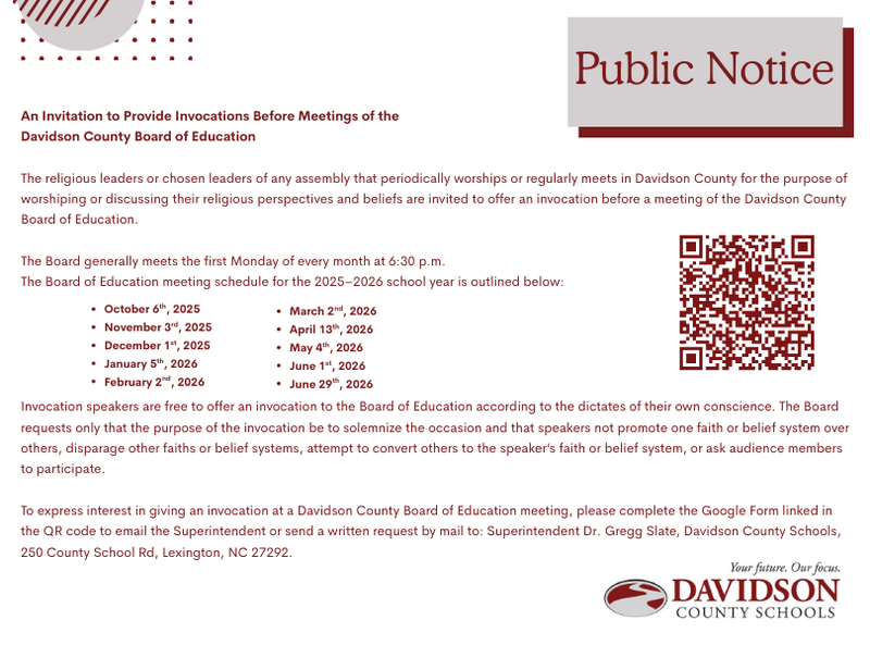 An Invitation to Provide Invocations Before Meetings of the Davidson County Board of Education
