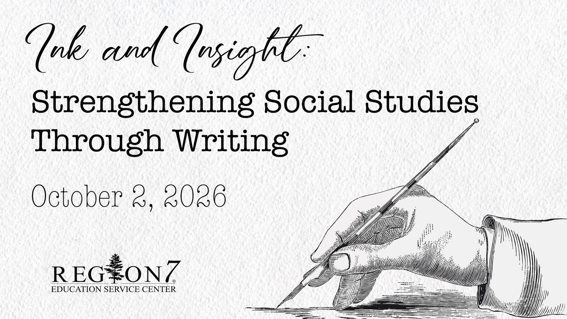 Ink and Insight social studies writing workshop Oct 2, 2026, hand writing with pen illustration