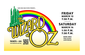 a yellow and white background with a green city scape and a rainbow