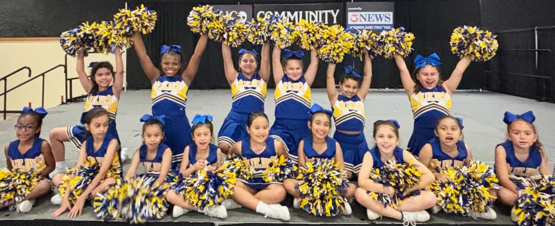 Cheerleading team in blue and yellow uniforms poses with pom-poms.