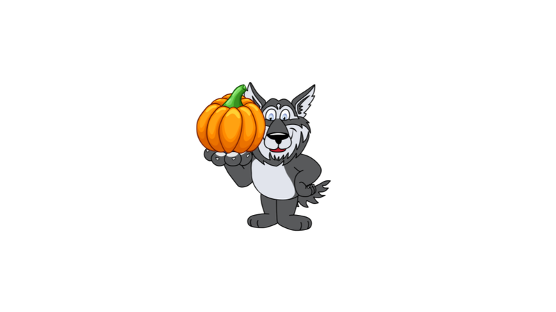 Wolf holding a pumpkin