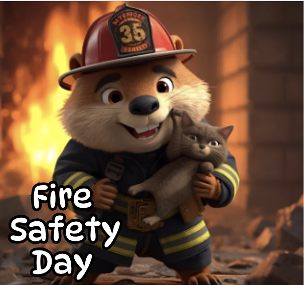 Fire Safety Day groundhog firefighter carrying a cat