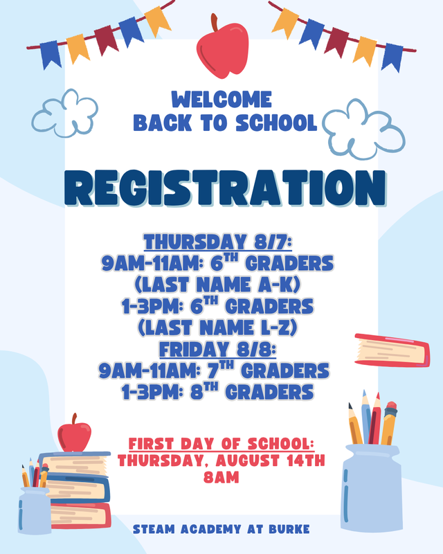 Registration for the 2025–2026 school year will take place on August 7th and 8th; visit campus to complete data confirmation, pick up student schedules, and purchase PE clothes and locks (cash only).