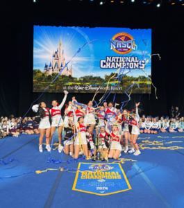 SVHS Cheer Team celebrates their 1st Place win on the competition floor