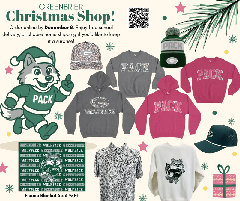 Promotional holiday shop graphic featuring clothing items and a wolf mascot.