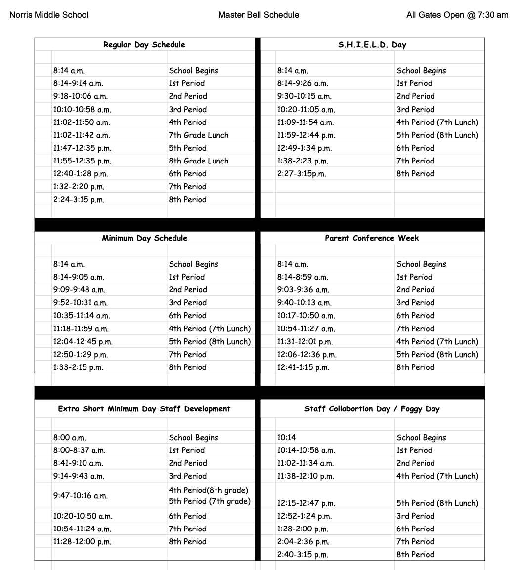Bell Schedule Our School Norris Middle School