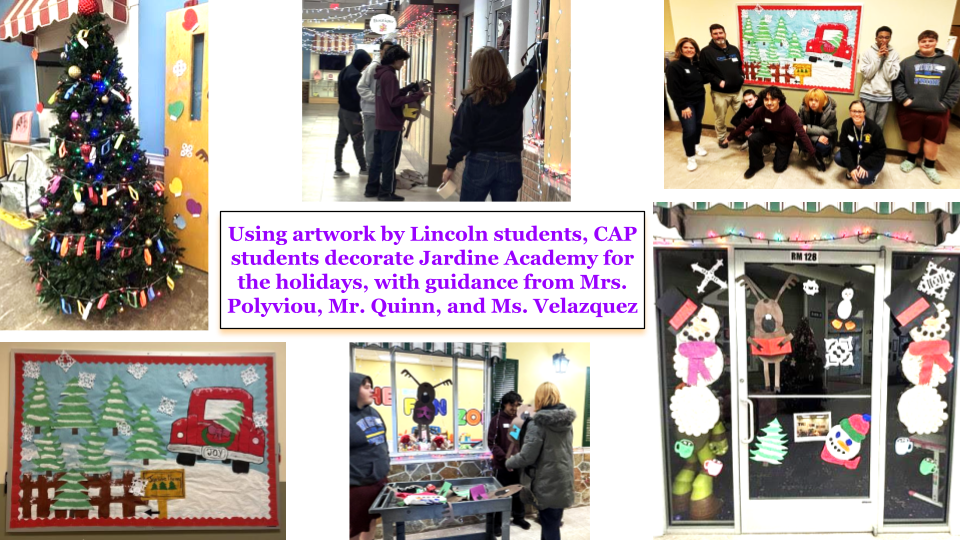 collage of CAP students decorating Jardine Academy for the holidays