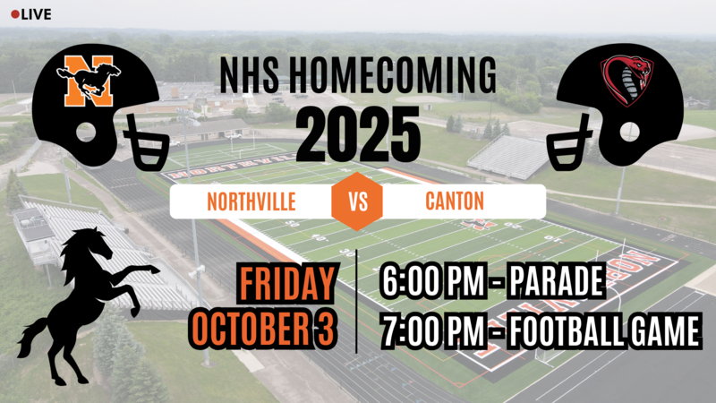 Sports Den Field with text overtop promoting the homecoming football game on friday, october 3.