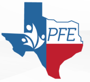 Silhouette of the state of Texas in red, white and blue. Logo for Parents, Family Engagement