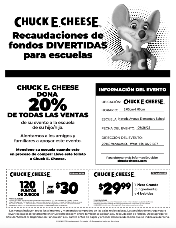 Recaudación de fondos de Chuck E Cheese de quinto grado el 26 de septiembre a las 3:00