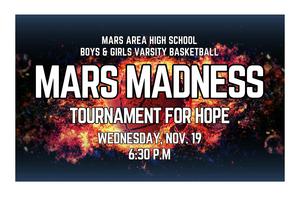 A flaming basketball on a black background with the words Mars Madness