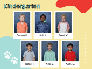 yellow background with red and aqua shapes, student pictures