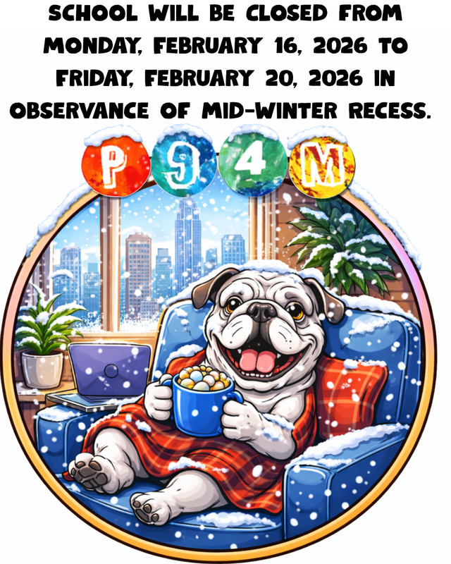 English- Black text with P94M bulldog logo sitting in a chair in the city