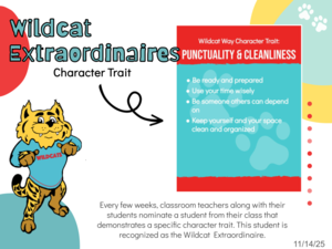 white background with Parker wearing blue Wildcats shirt introducing the word