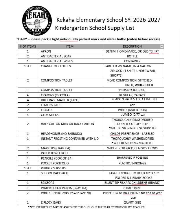 Kinder school supply list