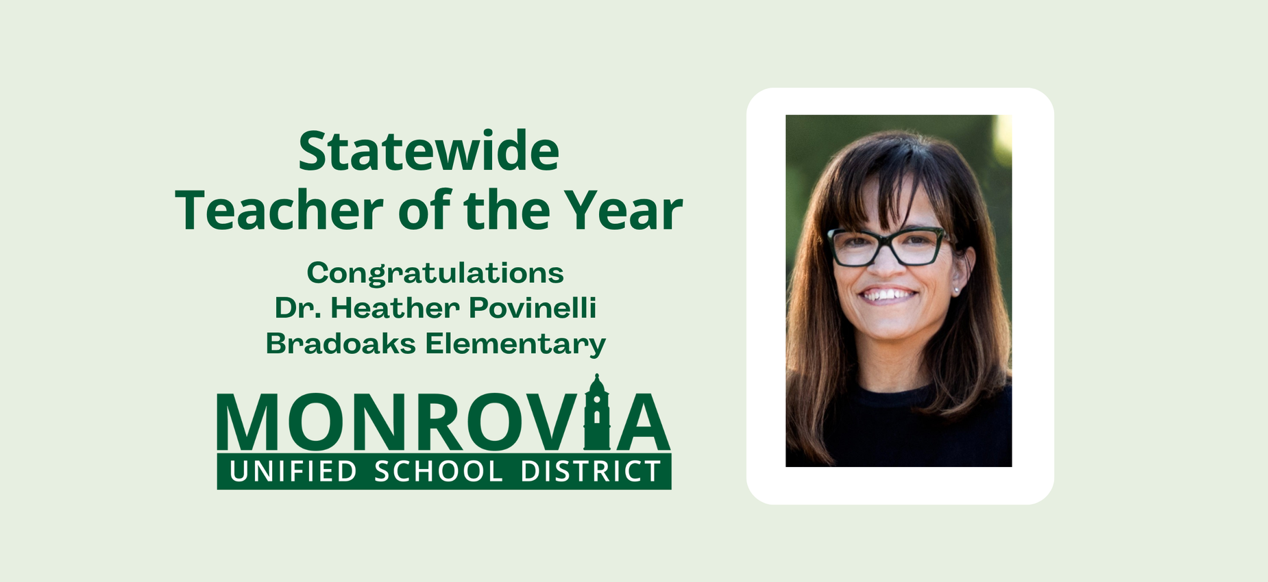 Statewide Teacher of the Year announcement featuring Dr. Heather Povinelli's portrait.