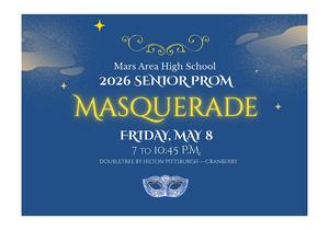 a blue background with wisps of yellow and infomation about Mars Area High School's Senior Prom