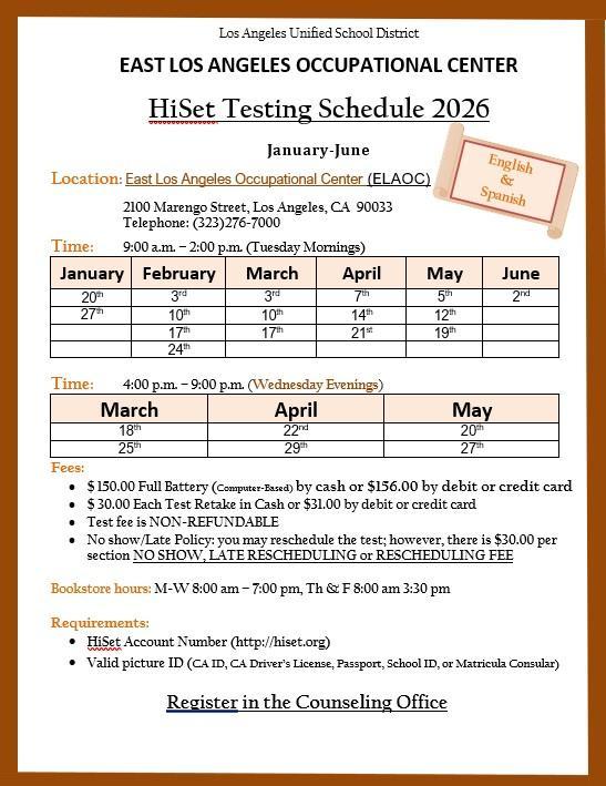ELAOC HiSET Schedule