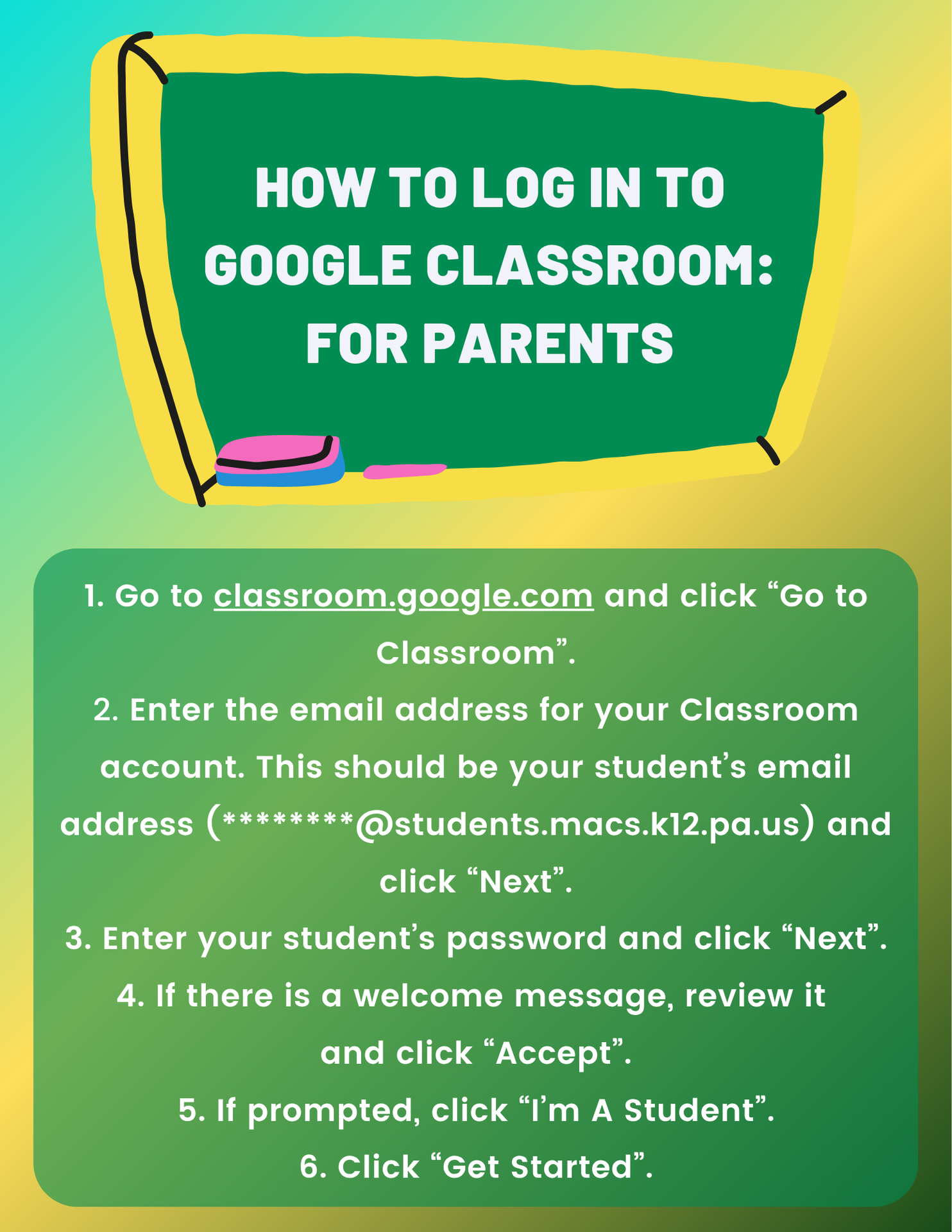 Instructions explaining how to log into google classroom