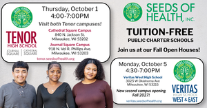 Graphic advertising the Fall Open Houses at Tenor and Veritas High Schools.