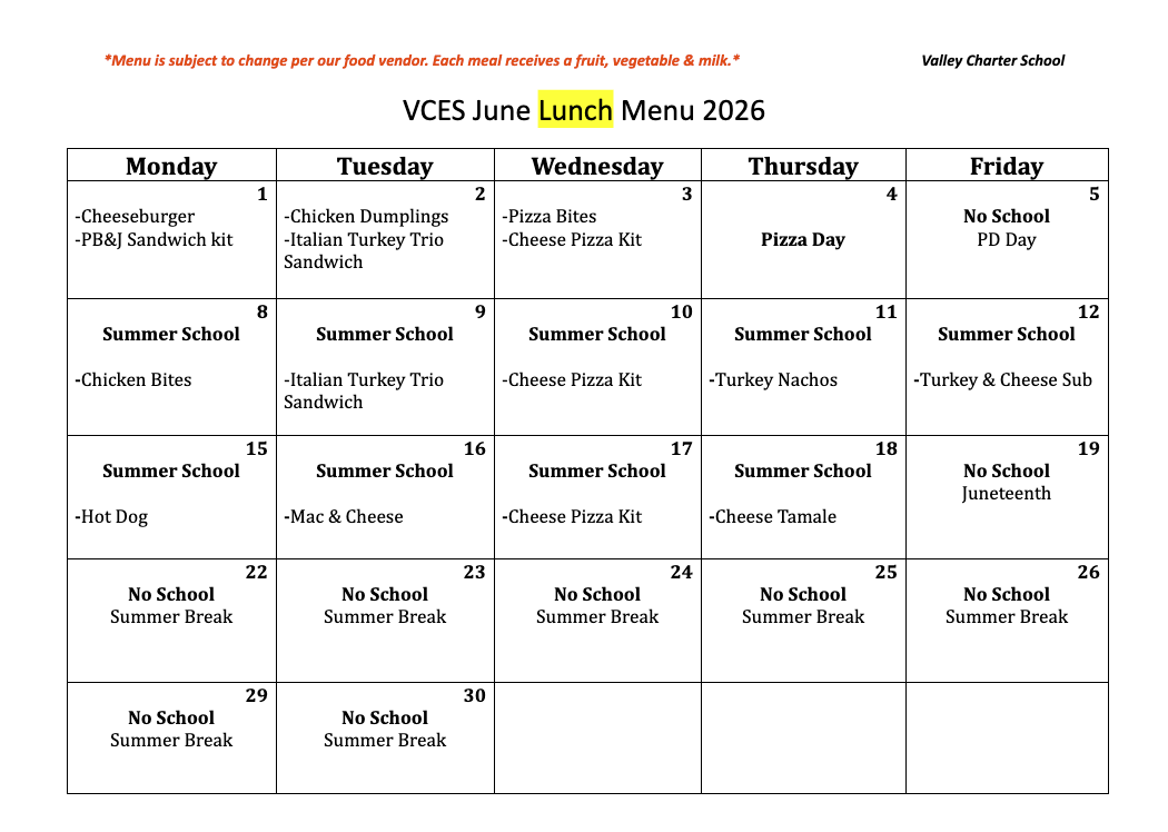 valley charter elementary school monthly lunch menu