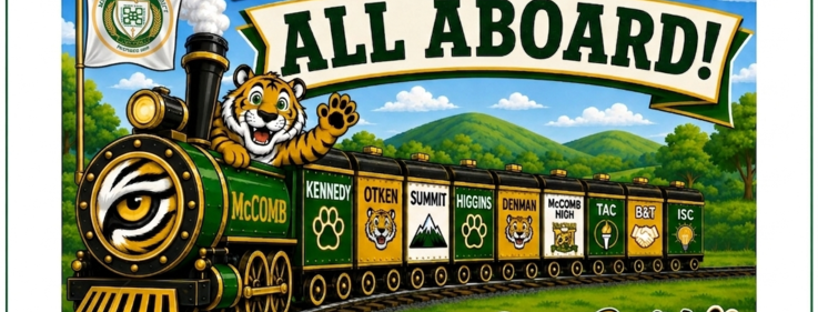 A colorful train with a tiger mascot and text 'All Aboard!' against a green landscape.