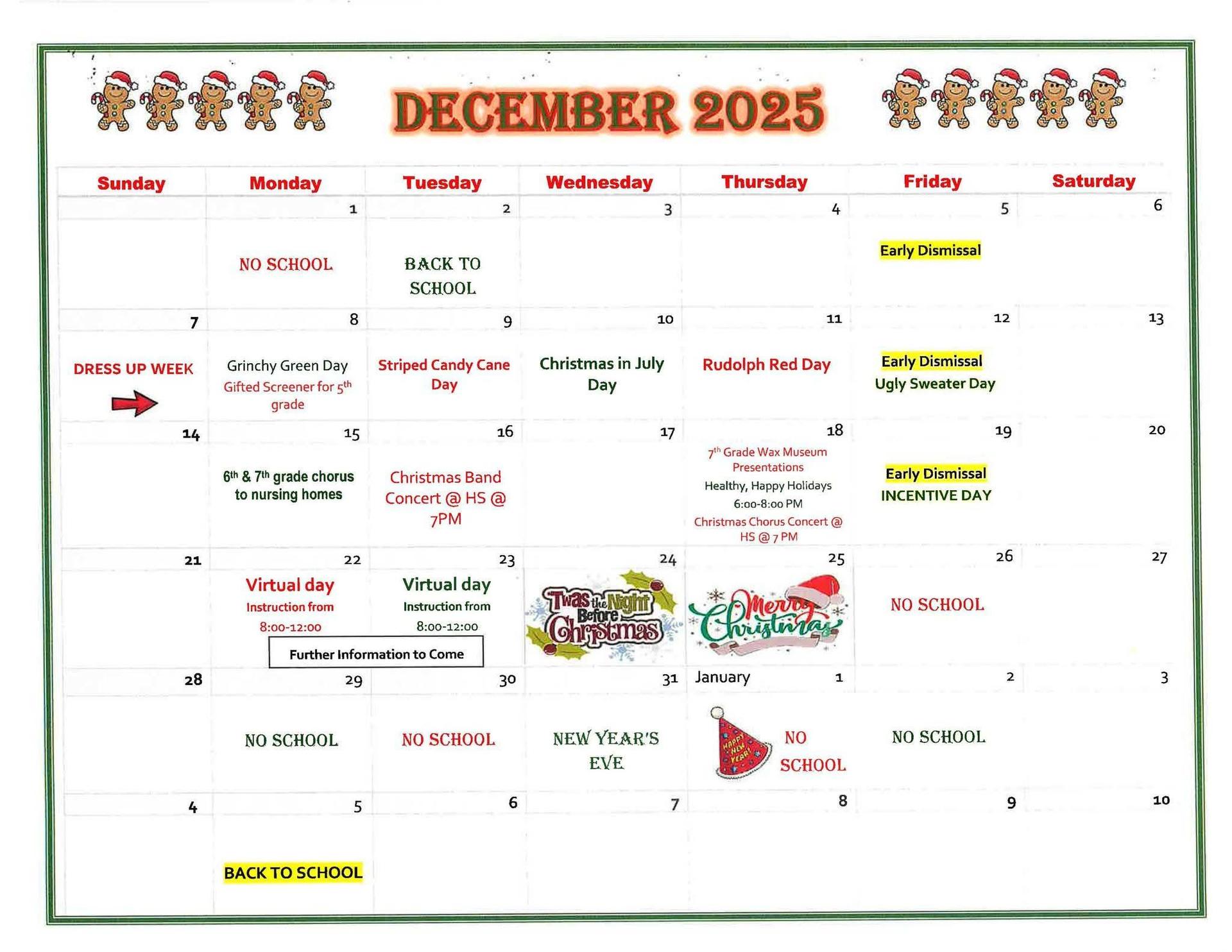 December 2025 Middle School Calendar