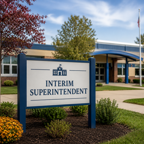 Sign reading ‘Interim Superintendent’ in front of a school building