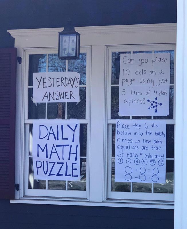 Westfield High School math teacher Callie Campbell posts a daily math joke and puzzle in the front windows of her Westfield home for passersby. “I hope the math joke and puzzle bring a smile or chuckle to people in this time of uncertainty while also serving as a fun learning for people of all ages.”