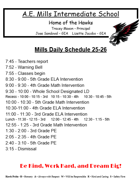 Mills Daily Schedule 25.26