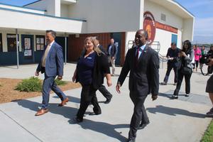 Superintendent Dr. Mendoza, Board President Norma Olmos, and Superintendent Thurmond tour Tracy