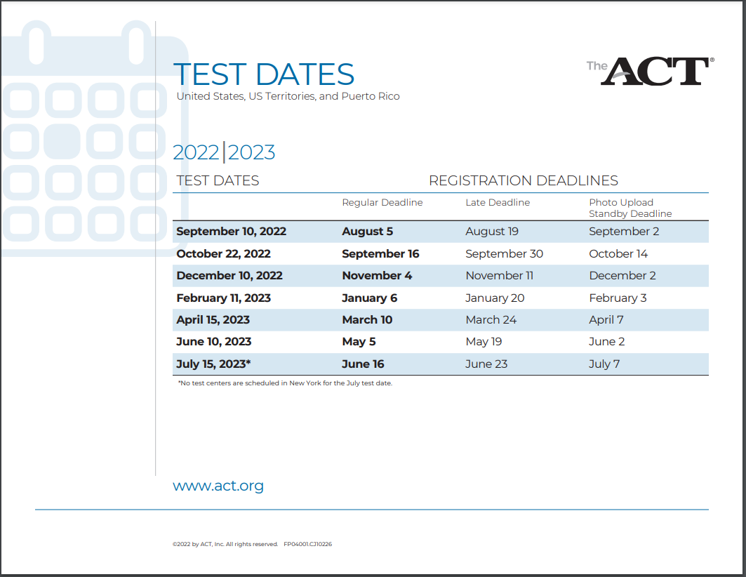 ACT Exam Dates