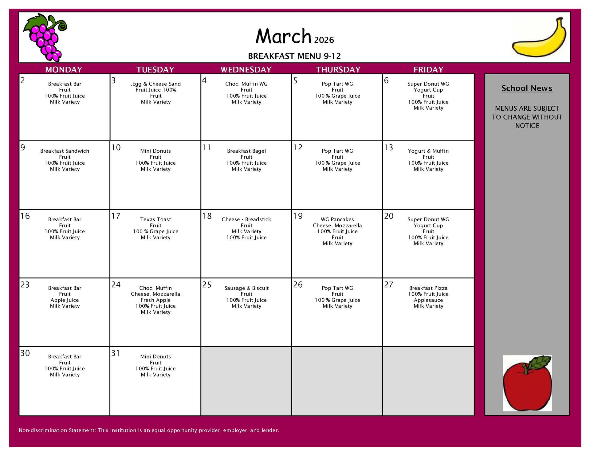 March 2026 Breakfast Menu 9-12