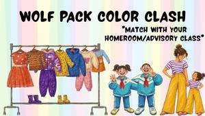 clothes rack with colorful clothes along with three characters dressed in colorful outfits
