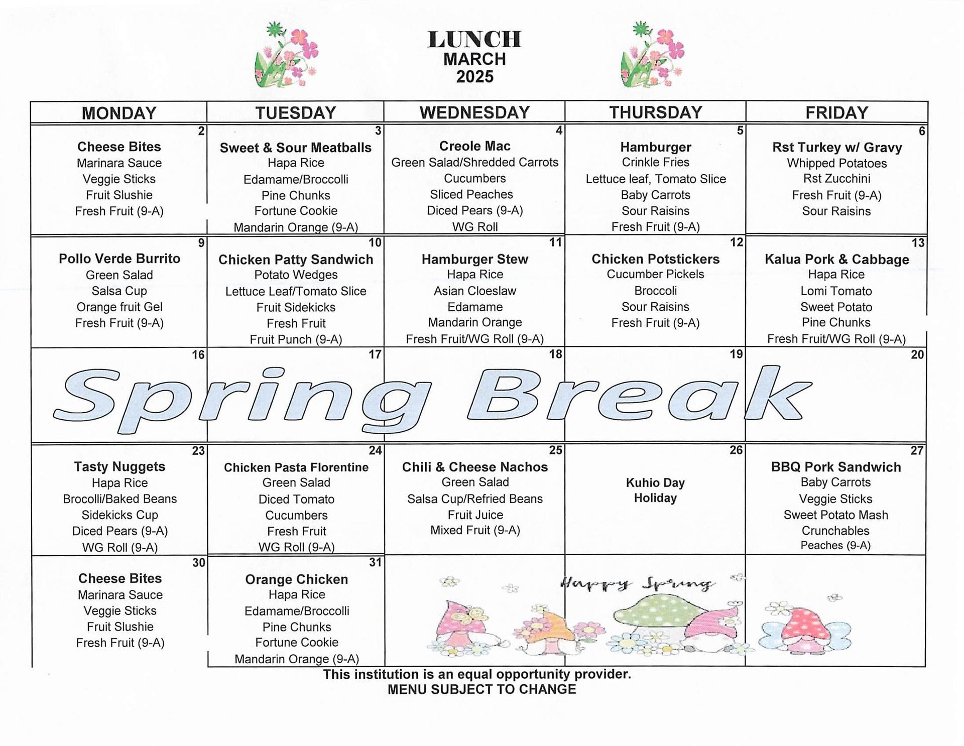 March Lunch Menu