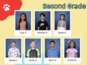 yellow background with red and aqua shapes, student pictures