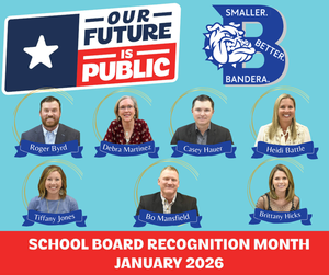 blue background with our future is public image and all 7 board members representing BISD School Board for school board appreciation  month