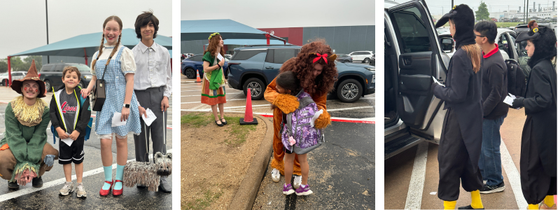 Students dressed up as characters from the Wizard of Oz  open car doors