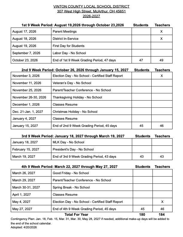 2026-2027 District Calendar