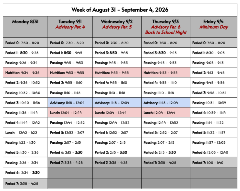 Aug. 31 - Sept. 4 Schedule