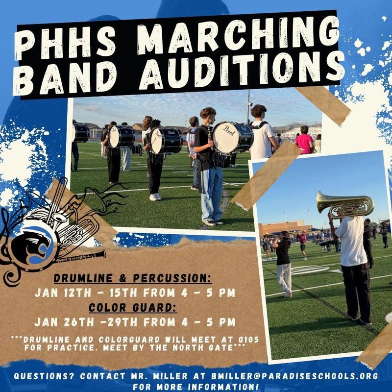 photo of students in marching band with try out info