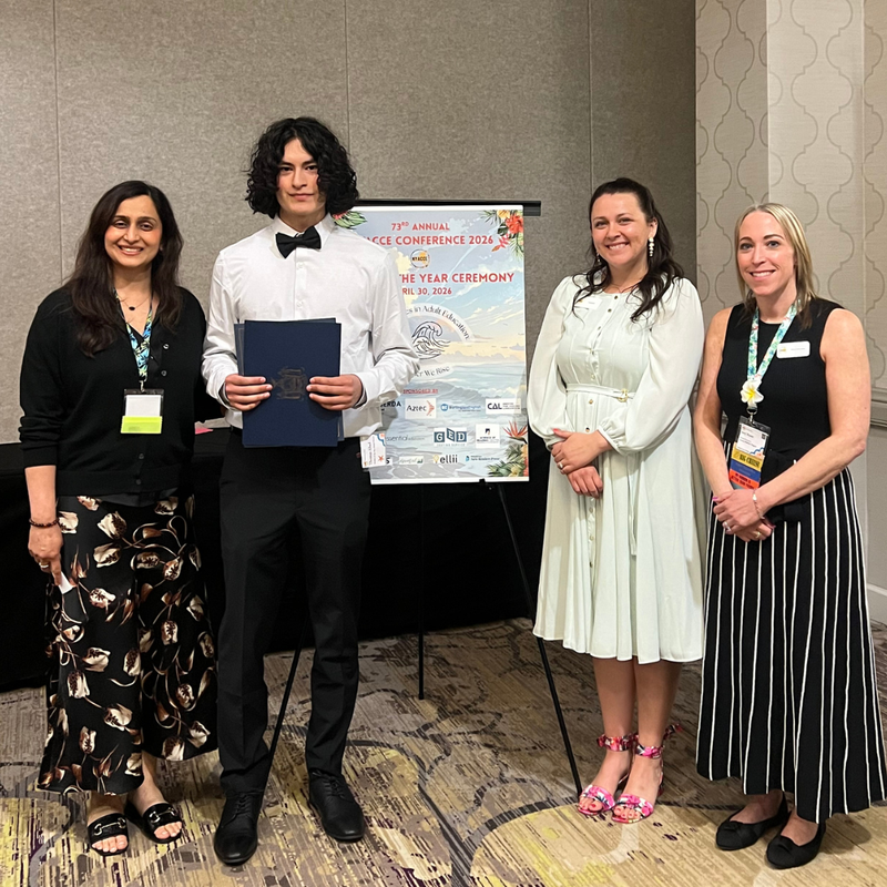 Instructor Shazima Gillani; awardee Thomas Abad; NYACCE President-Elect Katie LaBonte; NYACCE President Amy Mazur.