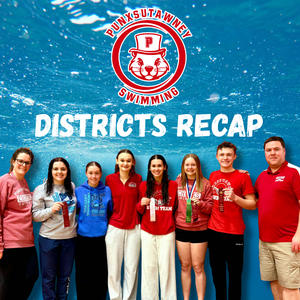 blue water background with Swim team logo and photo of swim team