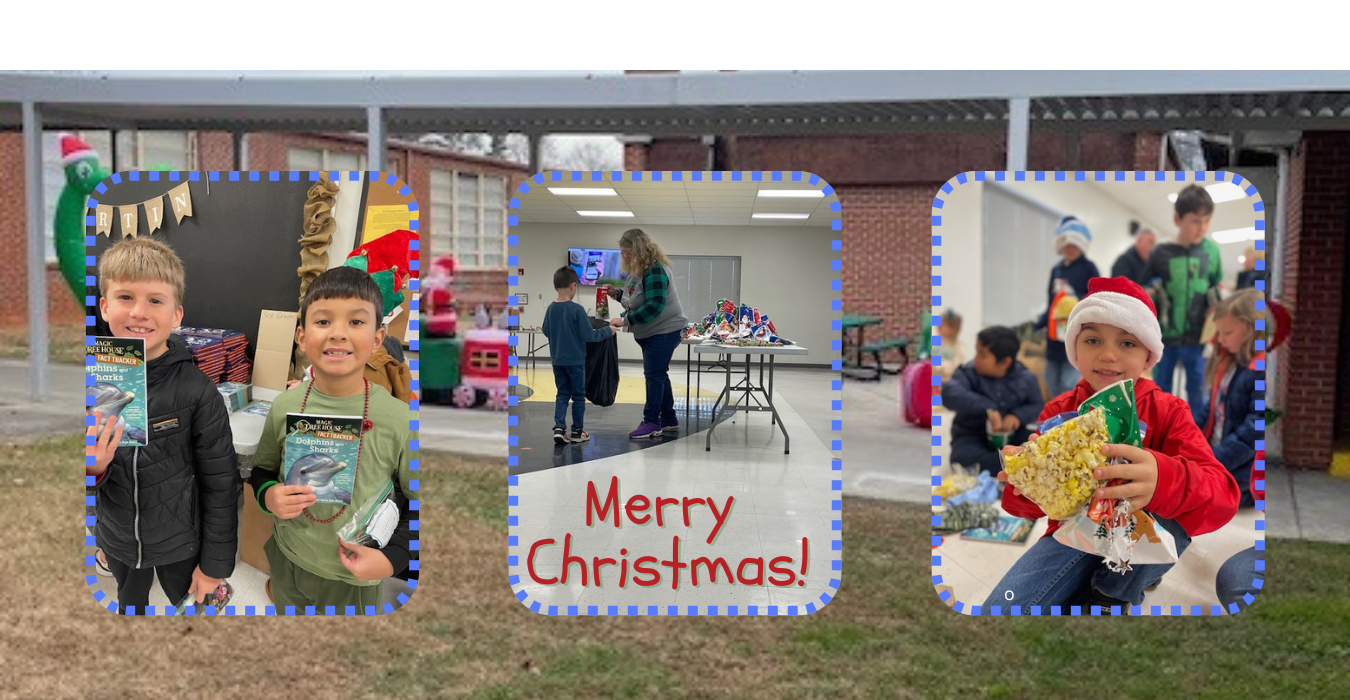 Two children holding gifts, a table of present preparations, and kids celebrating Christmas.