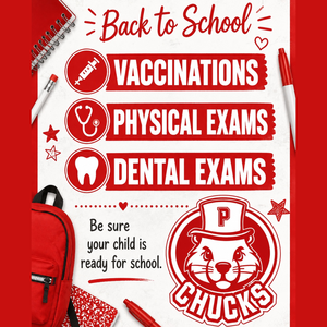 red background with backpack, markers, and other school supplies